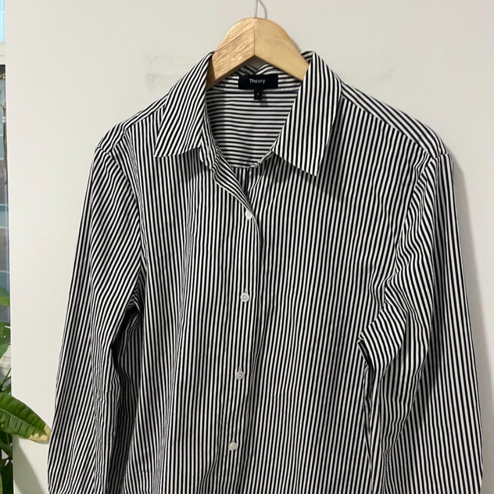Theory Dark Blue & White Stripe Button Up Blouse Size Large - Picture 2 of 5